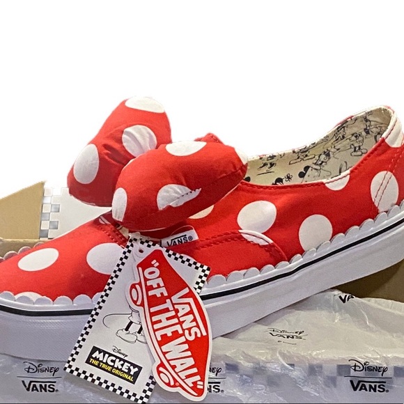 NWT Vans x Disney Minnie Mouse Red Polka Dot Puffy Bow Slip On Sneakers Size 9 - Picture 7 of 11